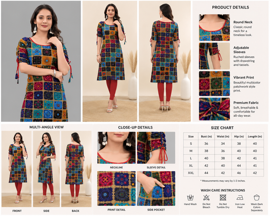 Rayon Printed Kurti for Women (Blue,M)