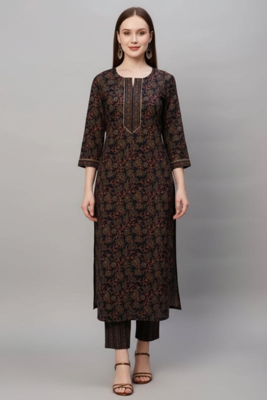 Cotton Blend Printed Kurti with Pant for Women (Multicolor, S)
